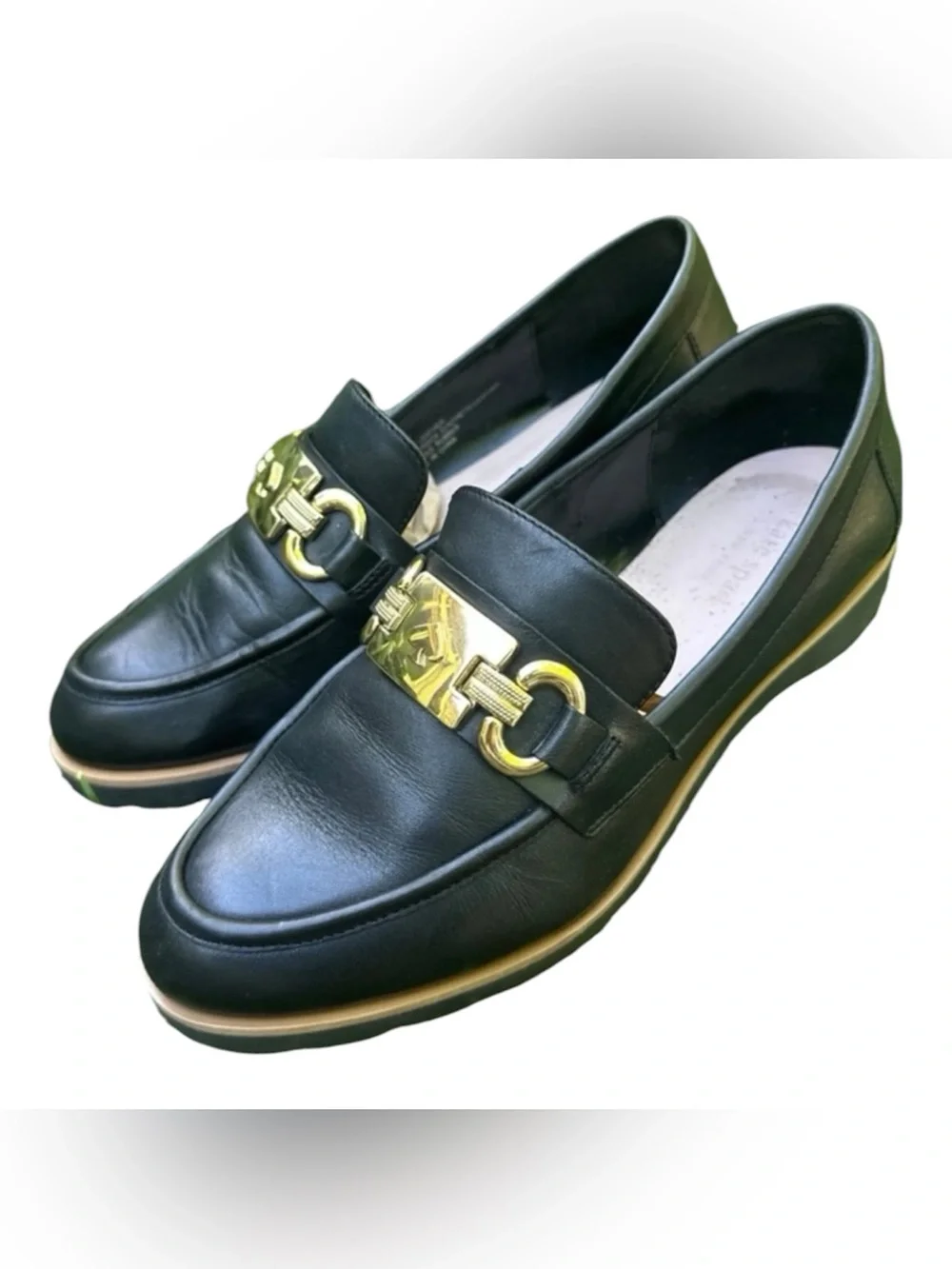 kate spade Kolby Black Leather Loafer with Gold Chain Accent 8.5